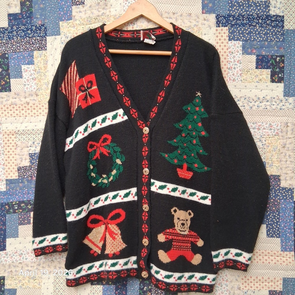 Vintage Nutcracker Ugly Holiday Christmas Cardigan Sweater Sz Large Teddy Bells